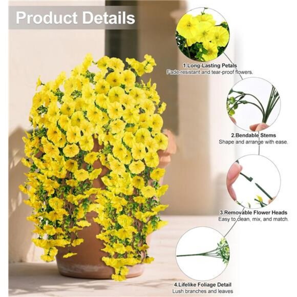 Artificial Flowers for Outdoors Decoration, 4Pcs Fake Hanging Flowers Morning - Picture 3 of 8